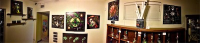 Cult of Ego II | Gallery Photo | Bud's Glass Joint — And here we have another panoramic shot, because why not? Small little room to show pieces in, for sure. But I managed to fit seven pieces in. The one all the way to the right (the 8th) is actually a poster that I created, designed to sell posters of my work. I think I mentioned something about that in another image. But yeah, these are some of the places that I showed my work at that time. Definitely a trip to look back on this.