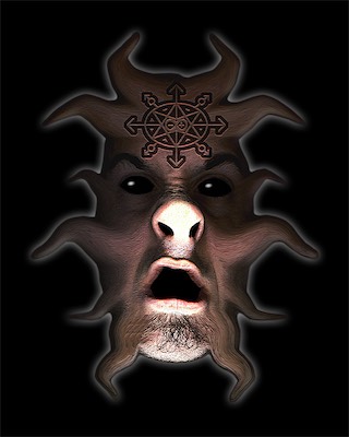 Evil Incarnate — A very old piece, back from the 90s. I scanned my face on a scanner directly. I made two different things with this. One was a little piece of artwork of my face on a dollar bill, which is another one in this collection, and this one, which I tried to make as dark and sinister as I could visually, just to experiment with the kind of feeling you could get out of a piece.