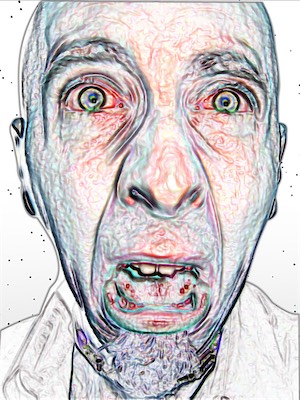 Madness — A very simple piece that I came up with, relatively early on. Only a few different effects on it. But it looked so existentially extreme. I had to keep it. A person bought this at this show, and at a later point said it freaked them out too much, and traded me back for some other piece of artwork. So I think it did its job.