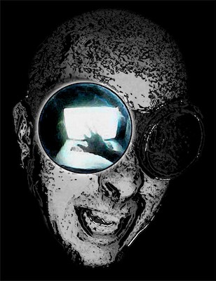 Goggle Pain — Just a strange self-portrait while I was sitting at my laptop, taking a picture with my webcam, heavily affected with chrome effects and a bit of enlargening of my right goggle eye.