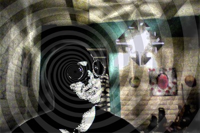 Comic Spiral — A simple self-portrait experiment. A photo taken of myself in my room at the arts collective that I lived at, the Firehouse, with my sculpture and some of my artwork in the background, and a spiral going to my right eye, with me in black and white.