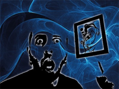Glen!!!!!! — A one-color transformation of myself pointing at a piece of artwork from someone who was a girlfriend at the time. Or maybe we had broken up. I don't remember exactly.