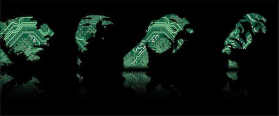 Digital Shadow — Four one-color transformations overlaid with circuit boards and some reflections, with a bit of drop shadow. Very simple, very effective. I really like this one.