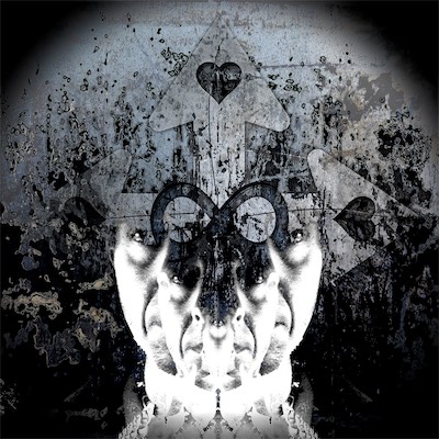 Indirection — Took a different approach with this one. Primarily used real-world textures that I photographed, along with my face repeated multiple times, with a heavy shadow-cast light on it. Some of my symbols in there as well with hearts around, the three arrows you can see. Another sense of shattered ego and a broken heart.
