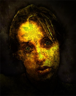 Chaos — We shared an affinity for the concept of chaos. How similar we meant what chaos was to each other, I'm not really sure. But she did name her first child Chaos. Found an old lovely photo of her and threw a strange chaos symbol on her forehead with a bunch of texture. Still experimenting with what to do with portraiture of her.