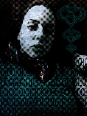 Never Give Up — A post-relationship photo edit. The binary code probably says "never give up," just as the title does, with symbols overlaid to the right of my affection and love. Attempts to woo that didn't work, at least not permanently. At least I got some good artwork out of it.