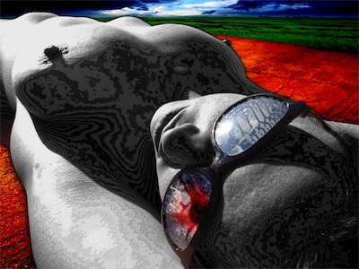 Summer Dream I — One day I ended up back at her house. We were still not getting along. There were a number of guests around, and she decided to walk out of her room completely naked and go into the backyard and lay down to sun. It looked quite nice, so I took a photo, turned it into art. Multiple textures, backgrounds, some other artwork of mine in the lenses of the sunglasses she's wearing.