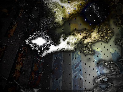 Black Sun — A composite of the sun covered up by clouds with clouds in the sky. And in the background, what looks like a pegboard is actually a very large scale Cruse artwork scanner for scanning pieces that are tens of feet wide. Another abstract piece for the fun of it.