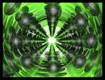 Ball Sphere — I believe this was created in Bryce 3D. I wanted to experiment with what it would look like to put a bunch of semi-transparent spheres and lines down a mirror tube with a green light cast on it, and see how it would render all of the reflections. And this is what I ended up with.