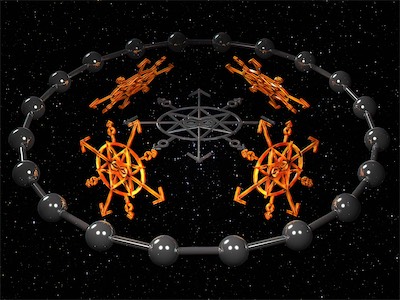 binary-chaos Space — An experiment with my binary-chaos logo / symbol. Four of them with fire texture. One in metal in the center on a flat plane, with a ring of spheres and a torus through them, with reflections and all in outer space. It's another experiment. Using Ray Dream Designer.
