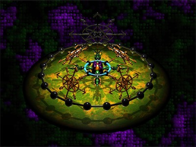 binary-chaos Carousel — Now I'm starting to veer into world building. I had created a separate chaos object, which is in the center of this, on a floating planetoid of some sort. The same ring of spheres with a torus going through them, and the four binary-chaos logo / symbols, and a textured, bubbled green and purple background. An imaginary world or place, somewhere the mind could go to.
