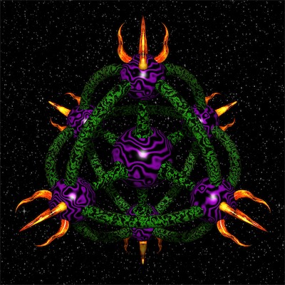Spiked Atomic Multitorus — Went more 3D with this one. Effectively a six-pointed chaos star in all directions. Green and purple textures with fire spikes coming out of the ends, floating in space. Just building my skills back in the day. Making worlds floating in space.