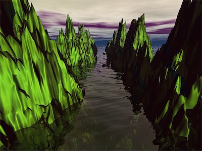 Emerald Closeup — An early experiment in Bryce, trying out transparency of water, texture of the mountains, different colors in the sky. Part of my developmental phase, but I thought it looked nice.