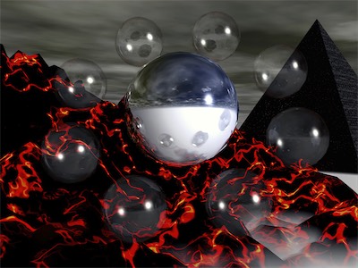 Lava — I imagined this could be a portal. The center sphere represented more or less the world you were in, and all the spheres around it were portals to other worlds. This world obviously is full of mist and lava and has a pyramid and dark clouds, but it's pretty well lit. Kind of intense. These are the things a fantastical mind comes up with.