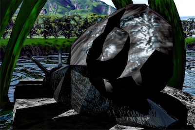 Snail Scene — The love of my life when I was young, in a very long-lasting relationship, was a big fan of snails. So I went in a different direction with Bryce and built something that looked more realistic and from the perspective of a snail on a rock in a lake with leaves shading it. A little land in the background with some trees and mountains in the background, cloudy sky off to the right. I think it's lovely.