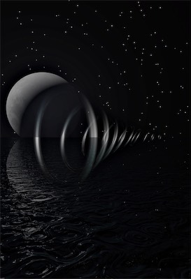 Hypercone — An exercise in perspective and math. A ring taken, duplicated, rotated on two axes, and reduced in size, and slightly moved each time. At this angle when you look at it at, it appears as if it's bending around, but it's completely in a straight line. The reflection in the object is from the sea, the moon in the background with its reflection in the water, and the stars in the sky. This was a translation of a logo for my mom's gallery, Cone Gallery. Like the hypercube, this was the hypercone.