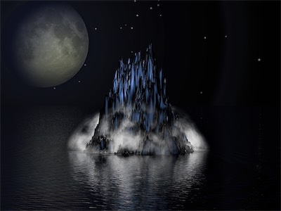 Cancer Nights — A place in a world in Bryce that I created, reflecting the ideas of the astrological sign Cancer, which I am. I'm not huge into astrology, but it was around me enough at the time, and this was reflecting some of the attributes I thought represented it in a nighttime environment, with of course the full moon in the sky, a bit of a sheath around the mountains, but a bit more open than it would be in the day. That mountain is me.