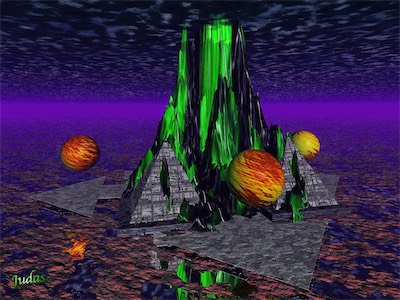 Pyramid Mountain — Starting to get a little more serious in this one. Developing a whole world. We have a chaos symbol laying flat down in a sea with what I think is a cloud texture and a highly reflective liquid, water. Clouds up above with a mountain poking through them. Colors that I like, purple, green, fire. It's a good start.