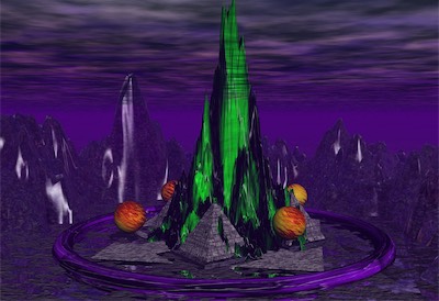 Pyramid Mountain 3 — Decided to go with a different texture for the mountains and add a purple cloud textured torus around the chaos pyramid sphere mountain. Just showing the development of this world. There's more to come.