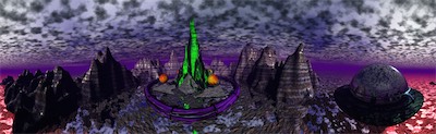 Pyramid Mountain Panorama — This is as far as I took it. And this is a true panorama, with the correct perspective. If you were to wrap this completely around and look at it in VR, you'd see an entire world in 3D all the way around you. There's the addition of what is effectively a sphere, chopped in half, floating and a ring around it as well. Go to the video section and my Gallery of Works to see what this looks like in motion.