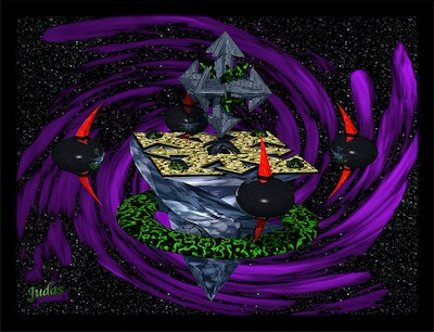Chaos Vortex — And back in Ray Dream Designer, the preliminary development of a floating space station. A bit of a vortex. A flat chaos symbol with multiple toruses embedded in it. A twisted object textured in clouds, spinning down like a tornado. A textured green torus around there. Four floating spheres with spikes in them, and a 3D chaos symbol floating above it. Early stages, but it was feeling like it was getting somewhere.