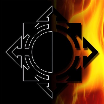 Chaos Split — An exercise in contrasts. The symbol itself is dark. But on one side, it's got fire behind it with a drop shadow, and the opposite side is outlined in white. Just a nice way to make something pop.
