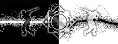A Night of Music & Dance — In the 2010s, along with a couple of friends, we joined together with the use of my sound system to create a little company called Pan Productions, which used The Chaos System as its sound system. For our first event, this is the graphic for the flyer that I created. The Chaos System logo in the middle, a couple of people dancing, a bit of a double inversion again, and a kind of stream of sound energy going through the horizontal center.