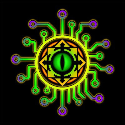 Chaos Circuit Eye | O.G. Basic — This is when I was first starting to get more of a hang of Pixelmator Pro, since I no longer had access to an Adobe subscription. Developing the color scheme for the new Chaos System logo... Green, purple, and fire (which are reds, oranges, yellows). Standard fare for me.