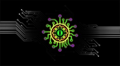 Chaos Circuit Eye | O.G. Wide — Continuing to develop the concept, I found a circuit board design that I liked online and recreated something similar from scratch in Keynote using the line drawing tool so that I could also animate it, which you'll see in my video section, and created a wallpaper-style version.