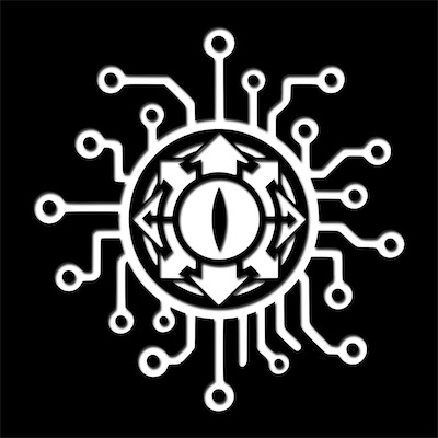 Chaos Circuit Eye | Omega — When I originally talked about creating the symbol, I mentioned it was actually for an aluminum faceplate to put on a speaker. I had come up with another design that I wanted to update those faceplates on my speaker with, and this is a version of that, which I really liked as a variation on the chaos symbol. So I thought this was an interesting evolution of the design, and I've stuck with it since.