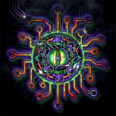 Chaos Circuit Eye | Omega Prime | Circuit Overlay 2 — These are the kinds of explorations I do with color, texture, gradients, shadows, and I was really starting to push the boundaries with my understanding of Pixelmator Pro at this point.