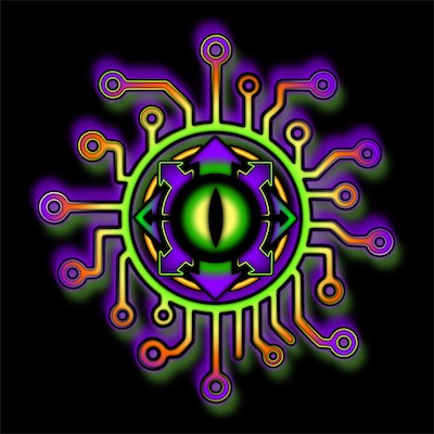 Chaos Circuit Eye | Omega Zero — Eventually, I realized that I liked the stroke edge work on the arrows so much, and in that other circuit overlay piece, that I integrated it into the main symbol. This is the most current incarnation of the main logo that will be used regularly.