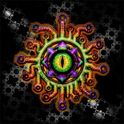 Chaos Circuit Eye | Omega Flesh — As with the origin of the design, I incorporated the help of AI with this one. Because of the fact that the circuit traces also look like tentacles, I had it render a version of this that looked like an octopus, except for with the exact form of the symbol. I then took and recolorized everything to match my primary symbol. Lots of layer effects, blending effects, gradients, shadows, strokes, color overlays, and a chaos field background with multiple gradients at different angles and blending effects to give the effect you see.