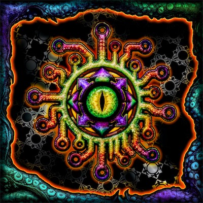 Chaos Circuit Eye | Omega Flesh 2 — And then I was curious about a border, which originally was just me with an Apple Pencil on my iPad drawing around. But then I thought, what if it was also octopus limbs? So I had the AI generate that, and then did the overlays and effects that I liked.