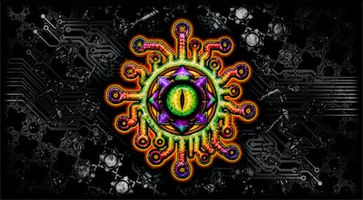 Chaos Circuit Eye | Omega Flesh Wide — Going into variations on a theme, bringing back the background circuitry, but keeping the chaos field and the background plus texture overlays. Starting to develop a different aesthetic for this particular incarnation.