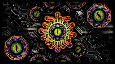 Chaos Circuit Eye | Omega Flesh Wide Ultra — Went over to Affinity Designer, which has a different set of effects, and did a twist on just the central part, the chaos symbol with the cat eye, and then used a feature it has which allows for both rotation and scaling, which then duplicates, and duplicated an inward spinning version of it, and applied it onto the same background with the center logo a bit smaller.