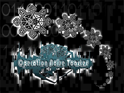 Operation Noise Toaster | binary-chaos Twist — And this image is where I first discovered Affinity Designer and its capability when duplicating, to duplicate scaling and rotation. And I combined my binary-chaos / binary-duality logo with the Operation Noise Toaster logo, plus some binary code in the background, which stands for chaos, and some blending effects that give it some very nice edge effects.