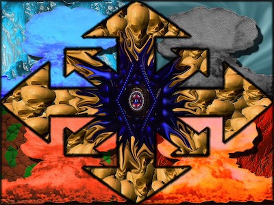 Chaotic Nuclear AIDS — This is the original version of the chaos system design that I've used extensively. It was a design I got from somebody else, but it was so basic that I didn't see a problem using it in my artwork. I'm not even sure he originated it. This is very early Photoshop work, when I was still discovering how it worked. An AIDS virus in the middle, blobby skulls from the Nin video closer, nuclear bombs, and four variations with four background variations. Simple, impactful, striking imagery.