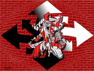 Jester Chaos — Very early stages of understanding of Photoshop. But you'll see an interesting progression. I was taking printing and graphics in high school in the 90s, and found this jester in a skater magazine, got it scanned, and decided to use it in some artwork. Plus the chaos symbol in the background, a sphereized version with some bricks as a pattern and a gradient in the back. Just learning how it works.