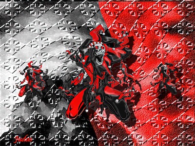 Jester Chaos Fire — The first version of Jester Chaos Fire. Developing my skills, my taste, my aesthetic. Tripled the jesters. Used a chaos symbol for a texture across the background. All red and black. Bit of white. It's progressing.