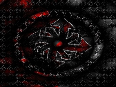 Chaos Fire — It didn't take long for me to develop a feel for Photoshop and start coming up with a look that was a lot more interesting, refined, with a higher attention to detail. And we see the chaos symbol replicated as a texture on top of a background with clouds overlaid, colors replacing the originals, and of course an outline of a twisted chaos symbol in the middle. The aesthetics are right in line with the feeling I was trying to get across.