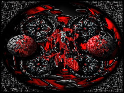 Jester Chaos Fire II — And I learned something. Sometimes developing objects completely separately in their own space makes a big difference. Those egg-shaped jester skull sphere things, which were in another gallery, and then the twisted chaos fire objects which I duplicated that you saw in the previous image, and then some background elements, textures, clouds as the separator of red and black, and the central large sphere. A continuation of skill development.