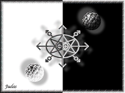 binary-chaos Invert — After I had developed the binary-chaos symbol, and very early in my stages in Photoshop, I was looking for a way to use it creatively. I think this is one of the first times I used the double inversion of black and white, a couple of spheres coated with skulls, plus a bit of edge work with chaos symbols in it.