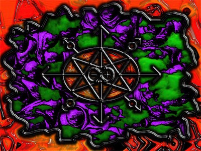binary-chaos | Composite — Still very early days in Photoshop, but as you saw with the last gallery, my game was really upping at this point, using the binary-chaos symbol in the center, green clouds, and the same blob skull textured background in purple with an organically drawn edge that was affected with double emboss, and a plastic-wrapped fiery background at the edges. Quite impactful.