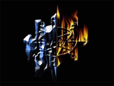 binary-duality | Fire & Ice — Looking for a different way to express the concept of the nature of duality. At the time I had a plugin that could generate fire. On the right side, that's what you see, using the binary-chaos logo. On the left side is fire as well, the direction of the flames inverted, and then coated with some kind of beveling and embossing effect, maybe with a bit of plastic wrap, and a blue color scheme to give the impression of ice. Floating on a black background. I think it was pretty effective.
