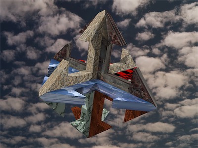 3D Chaos | Test — Using the program Ray Dream Designer in the 90's, I wanted to come up with a render of the chaos symbol I'd been using, but in 3D space. So I generated this, missing the minor arrows, with all of the different elements texturized with a different texture, on a cloud background to give it the impression of floating.