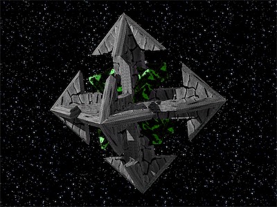 3D Chaos — I finally figured out how to get the angle of the minor arrows to match up, and came up with this, using stone for the major arrows, and what was probably a cloud texture in black and green for the minor arrows. And this time, floating in space with a starfield background. I thought this was awesome.
