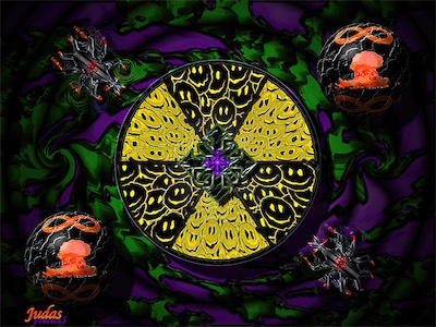 Radioactive Chaos | O.G. — Similar to some of the previous chaos pieces where I'd begun to refine my skills a bit, I came up with this little ditty. Double chaos symbol stacked in the middle, radiation sign coated in happy faces with inverted colors, a symbol from a dream that I had back in the day, two spears with a nuclear bomb and infinity symbols with a skull texture on them, two radioactive bugs, and a wobbling and warping green and purple background using a cloud texture, and those skulls again. An intense scene for sure, right up my alley aesthetically.