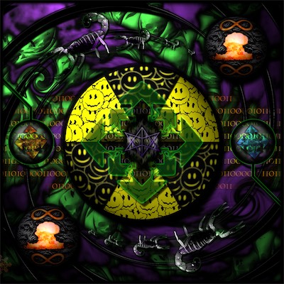 Radioactive Chaos — I always told myself I wanted to rebuild this one. So, probably 13, 14 years later, in the mid to late aughts, I did. I added the double pentagram in the center with the double-stacked chaos symbol, some binary code, likely says chaos, the same happy face, nuclear symbol, and as I said, those two fire and ice chaos symbols on the sides. Most other elements are the same, with some graphics added, and a scorpion that I found (not what I really wanted, but it worked. I'd prefer a 3D modeled mutant bug, but I didn't have those skills).