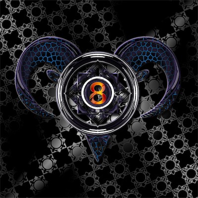 Pan's Chaos | Chrome 8 | Stained Glass — My favorite number has always been eight, and for some reason I thought to put that in the center of this, on top of the eye. Plus I did a little stained glass texture, a Photoshop standard. Again, just another variation. There are a couple more like this, using the eight.